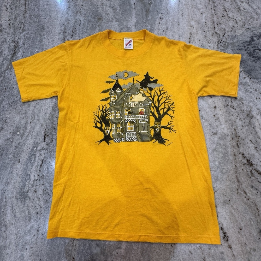 VTG 80s Jerzees Single Stitch T Shirt Halloween Yellow Graphic Puff Paint Sz Med